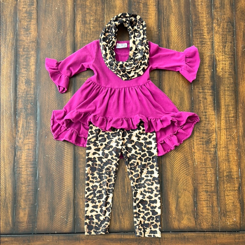 Magenta Ruffle Tunic Top with Leopard Leggings and Infinity Scarf